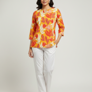 Yellow Floral Cotton Short Kurti