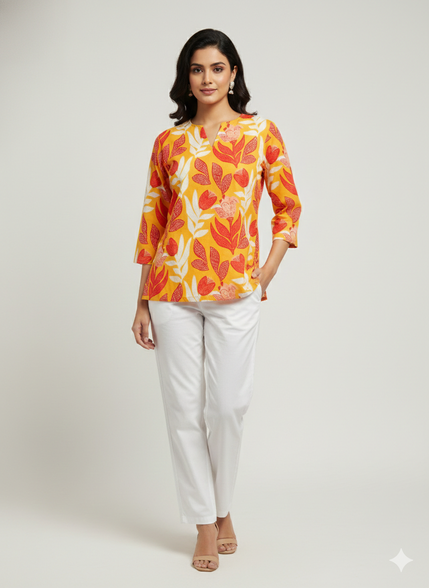 Yellow Floral Cotton Short Kurti