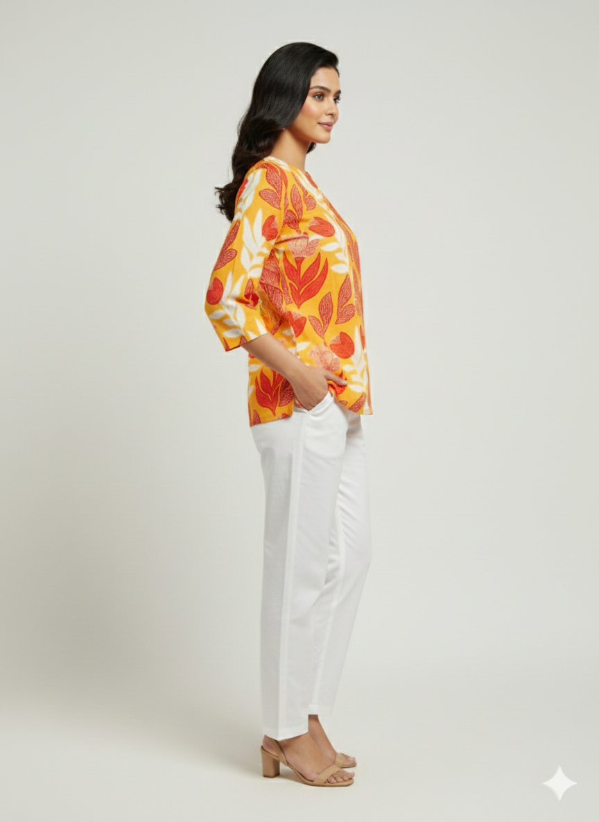 Yellow Floral Cotton Short Kurti