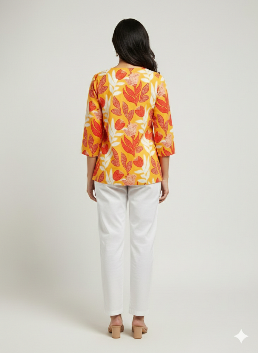 Yellow Floral Cotton Short Kurti